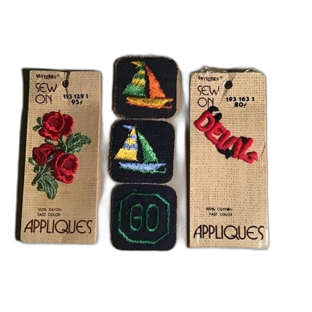 Vtg Wrights Sew On Applique Lot - Rose, Sailboat, Devil, GO Patches 1970s